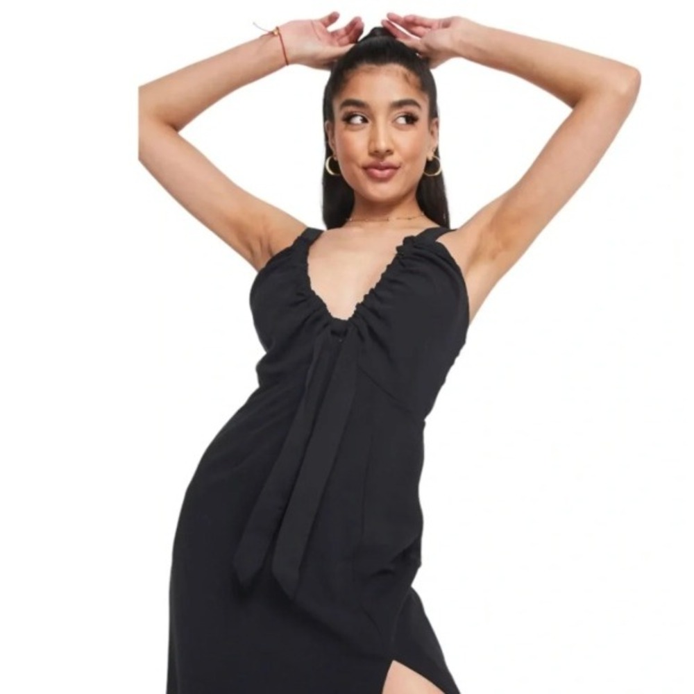 Abercrombie & Fitch Midi Dress Womens XS Black Ruched Tie Front Slit